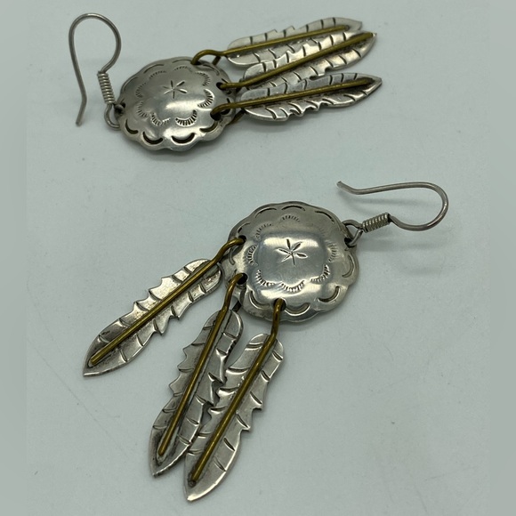 Vintage Taxco Mexico Sterling Silver 925 Dreamcatcher Feather Dangle Earrings - Picture 2 of 10